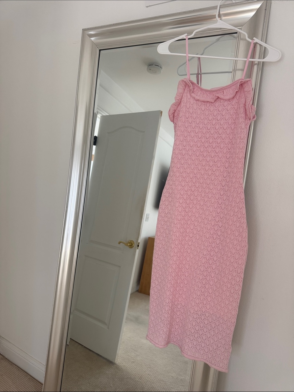 Revolve Pink  Knit Midi Dress with Ruffle Neckline